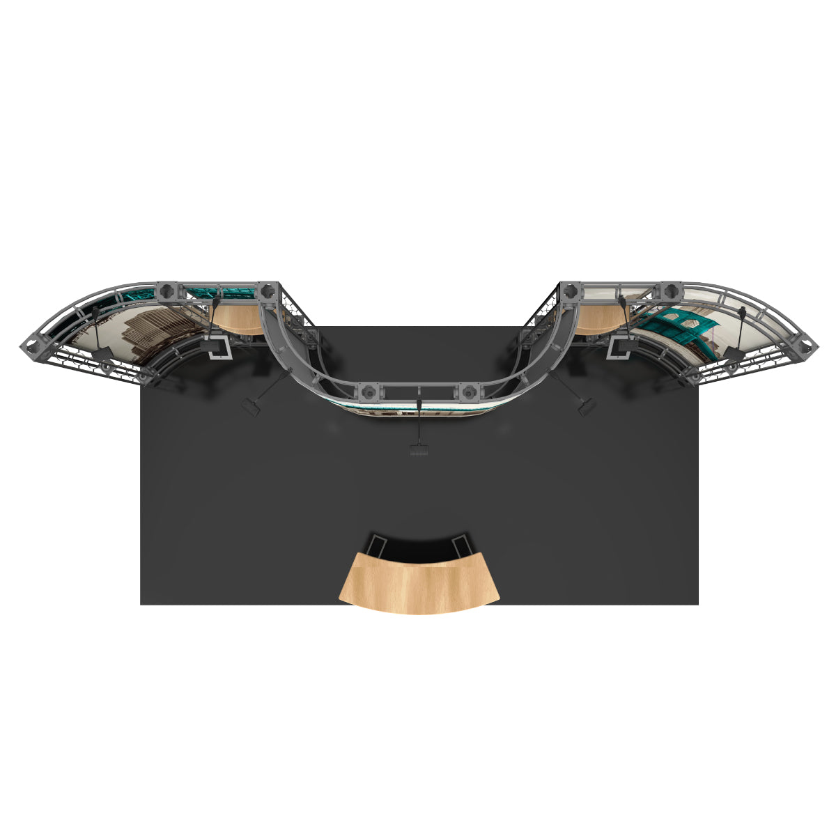 trade show curved truss display with overhead lighting and reception desk on exhibition floor