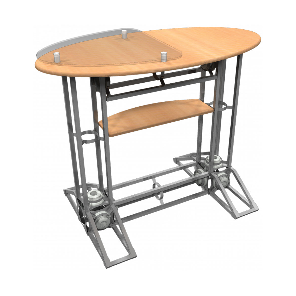 Oval trade show counter with metal truss frame, display shelf, and clear protective panel for exhibitions