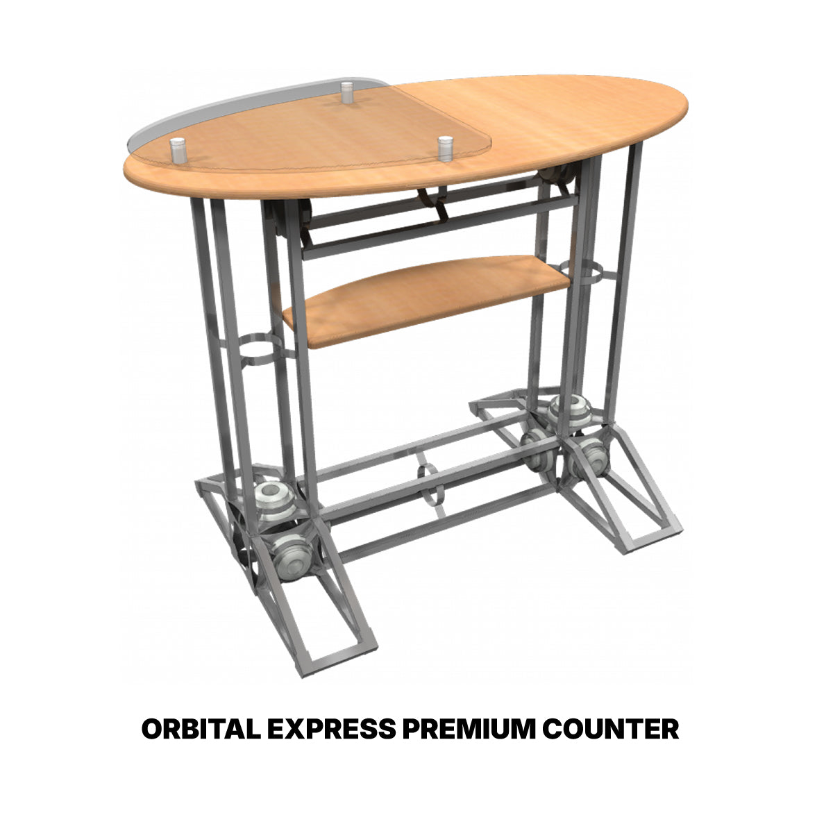Oval truss counter with metal frame and wooden shelves for trade shows and exhibitions