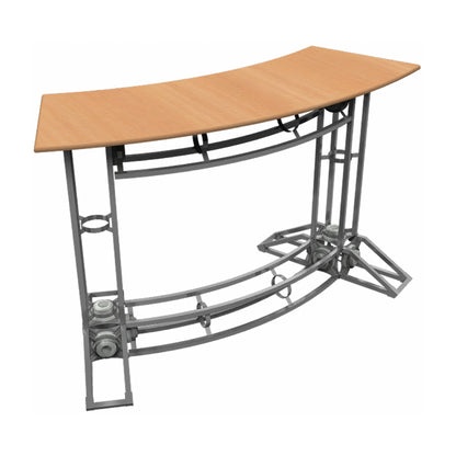 Curved truss counter with sturdy metal frame and smooth top, ideal for trade shows and exhibitions