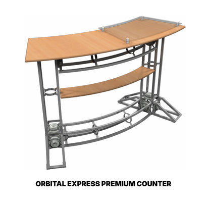Curved truss counter with sturdy frame and dual shelves for trade shows and exhibitions