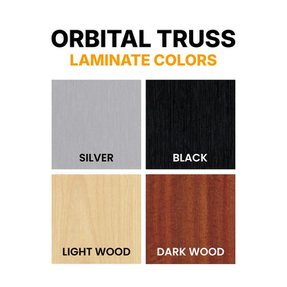 Orbital truss laminate options for trade shows and exhibitions, showcasing texture samples labeled silver, black, light wood, and dark wood