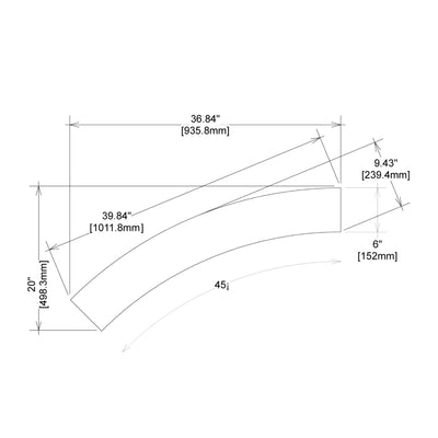 Technical drawing of 45-degree curved truss section with precise measurements for trade show and exhibition structures