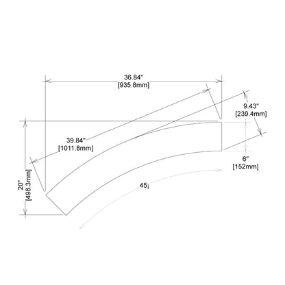Technical drawing of 45-degree curved truss section with precise measurements for trade show and exhibition structures