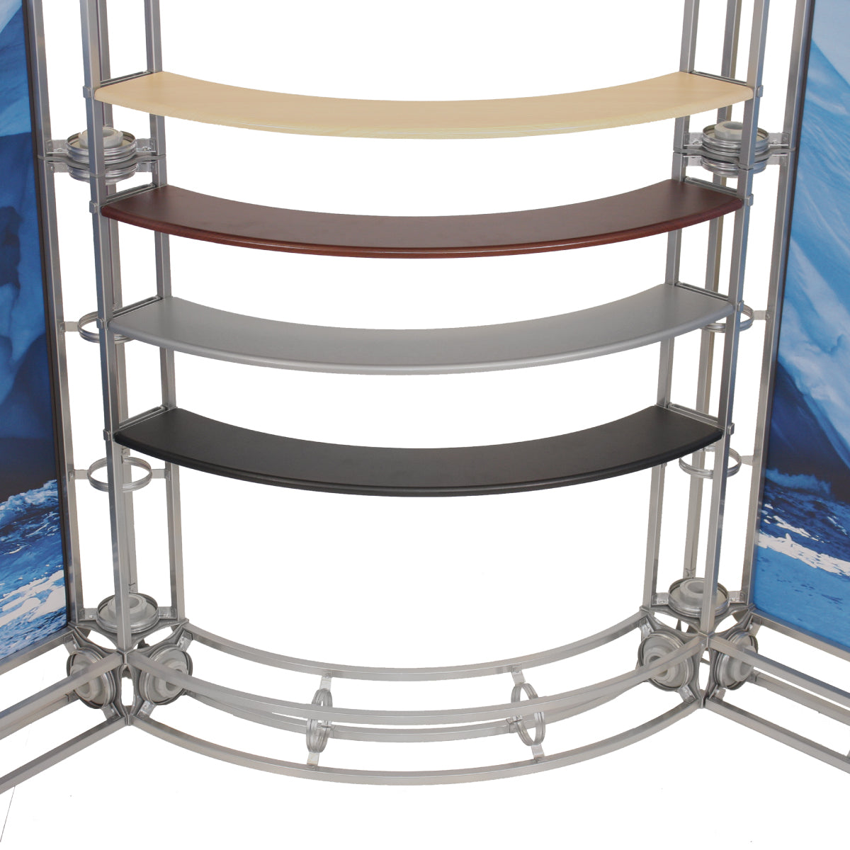 Curved modular shelves on adjustable metal frame for trade shows and exhibition displays