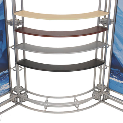 Curved modular shelves on adjustable metal frame for trade shows and exhibition displays