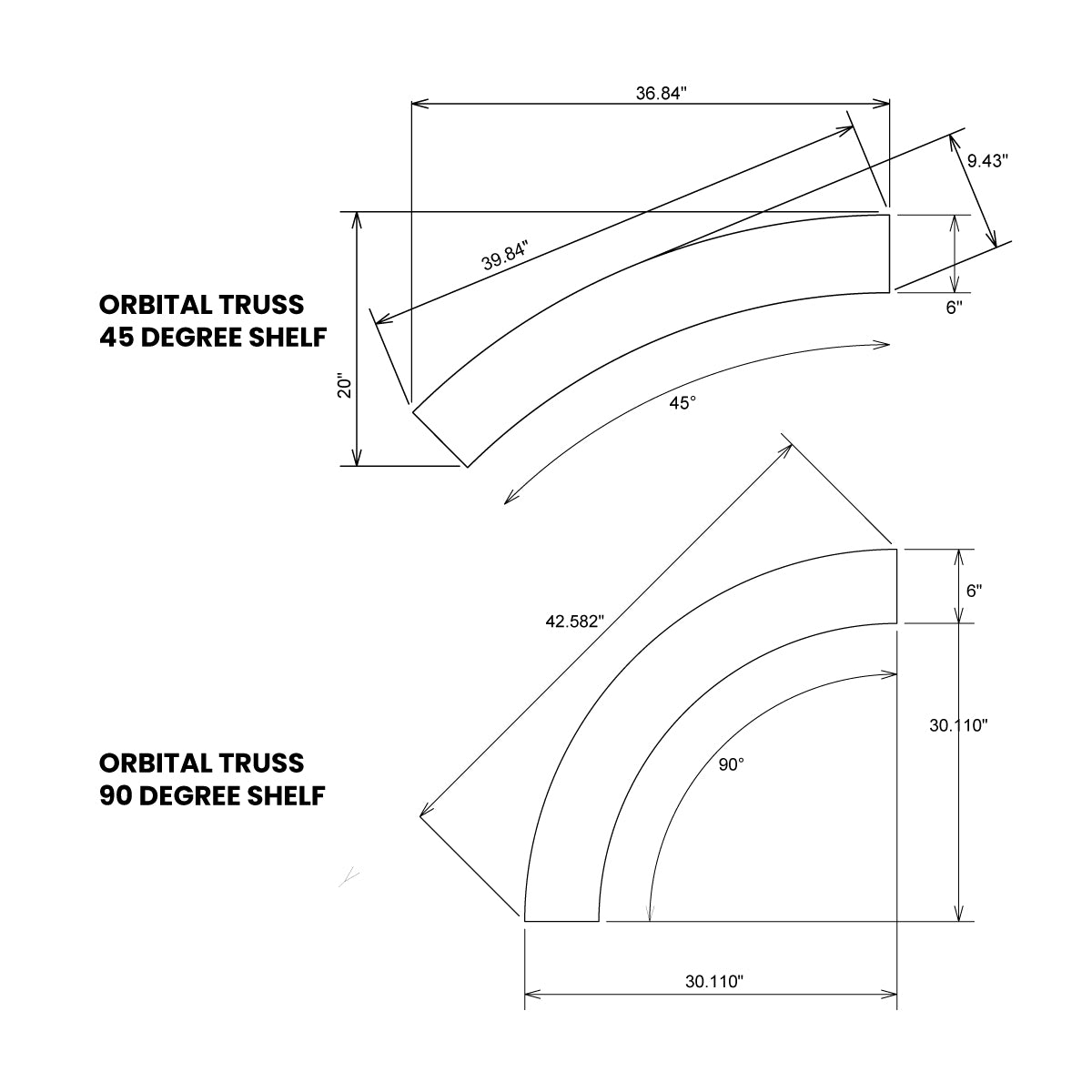 Technical drawing of orbital truss curved shelves for trade show and exhibition setups