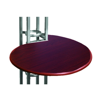 Round tabletop attached to metal truss for trade show and exhibition displays