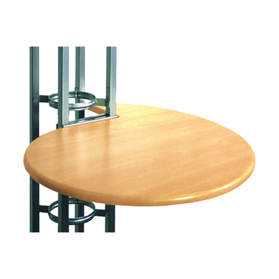 Round tabletop supported by a metal frame designed for trade shows and exhibition displays