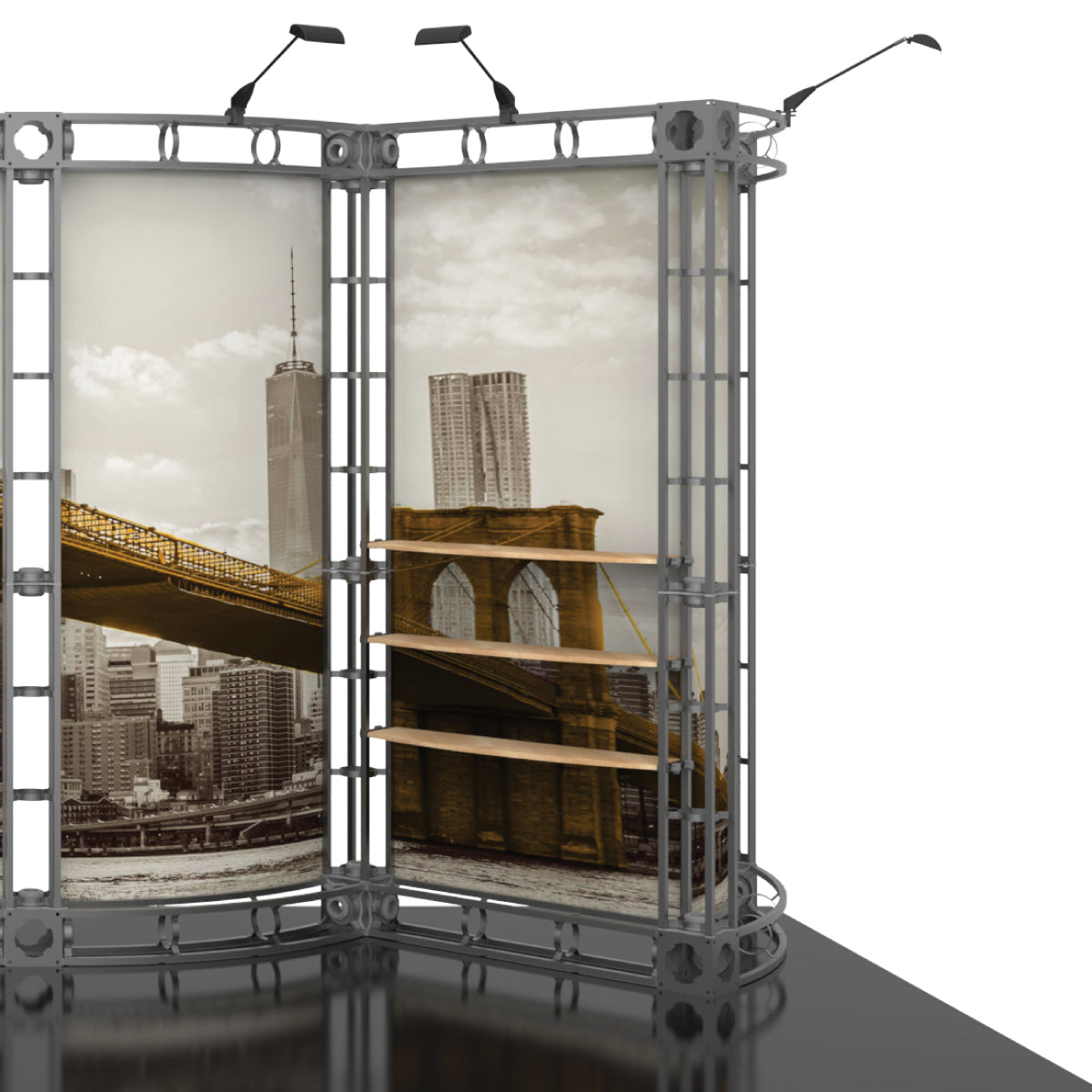 Modular trade show display with straight shelves and large printed panels, ideal for exhibitions and events