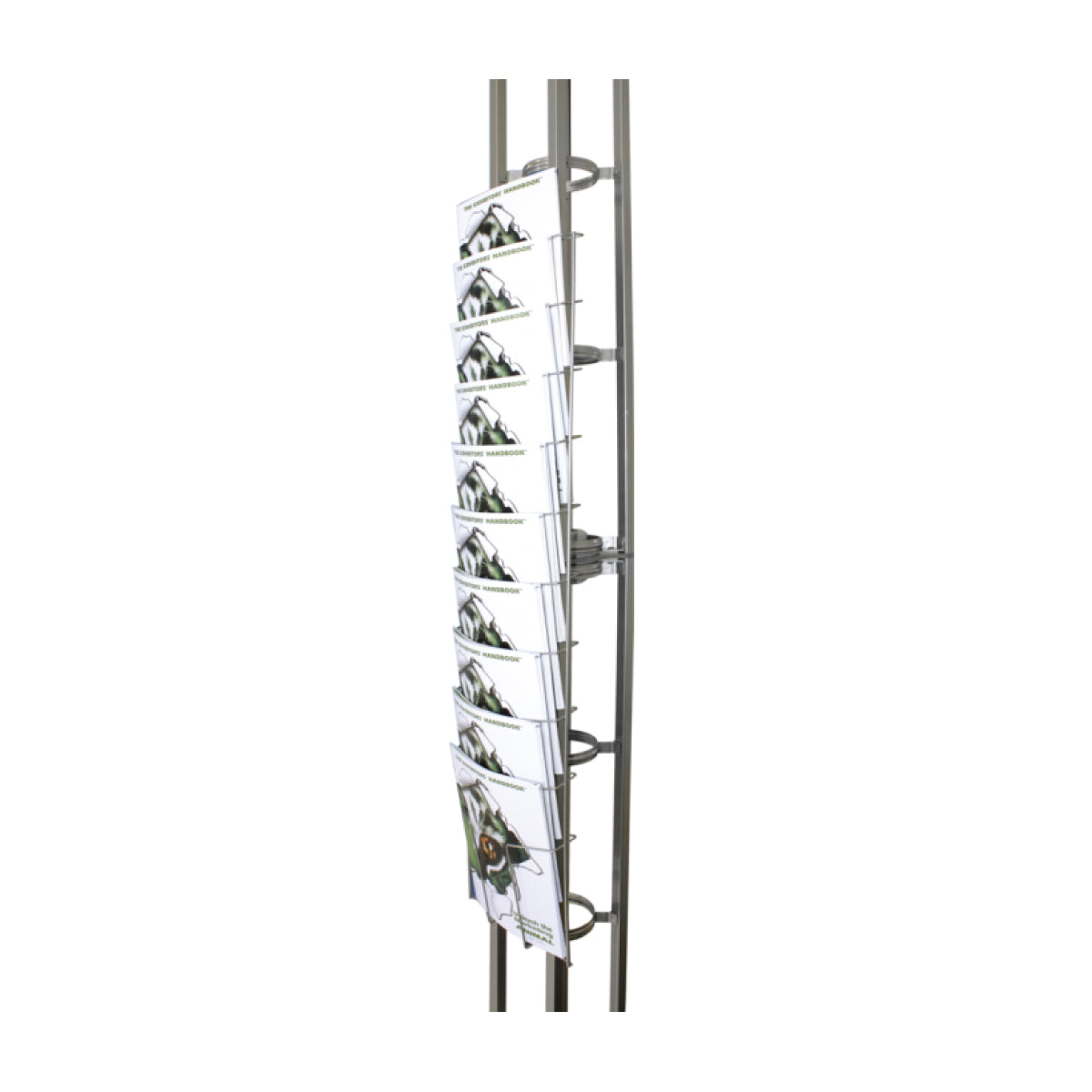 Tall literature rack with multiple brochure holders for trade shows and exhibitions