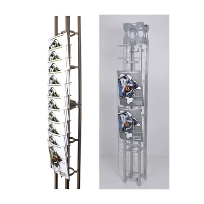 Slim literature rack with multiple tiers holding exhibitor handbooks for trade shows and exhibitions