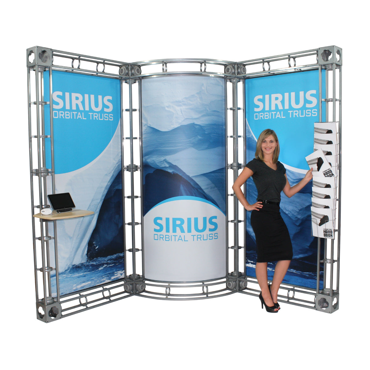 Modular orbital truss display with branded graphics and brochure rack for trade shows and exhibitions