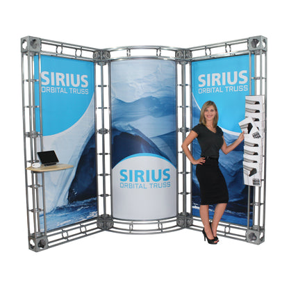 Modular orbital truss display with branded graphics and brochure rack for trade shows and exhibitions