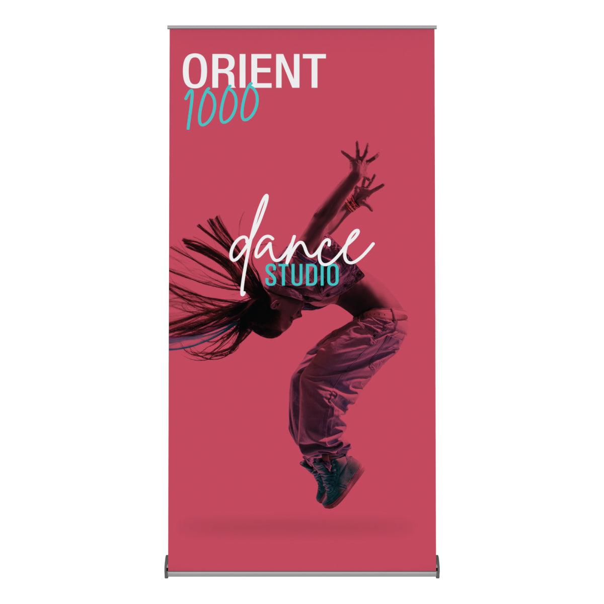 Retractable banner stand showcasing dynamic dance studio promotion for trade shows and exhibitions