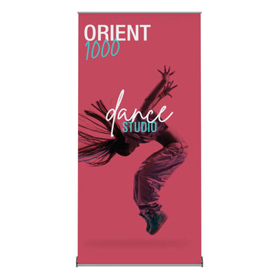 Retractable banner stand showcasing dynamic dance studio promotion for trade shows and exhibitions