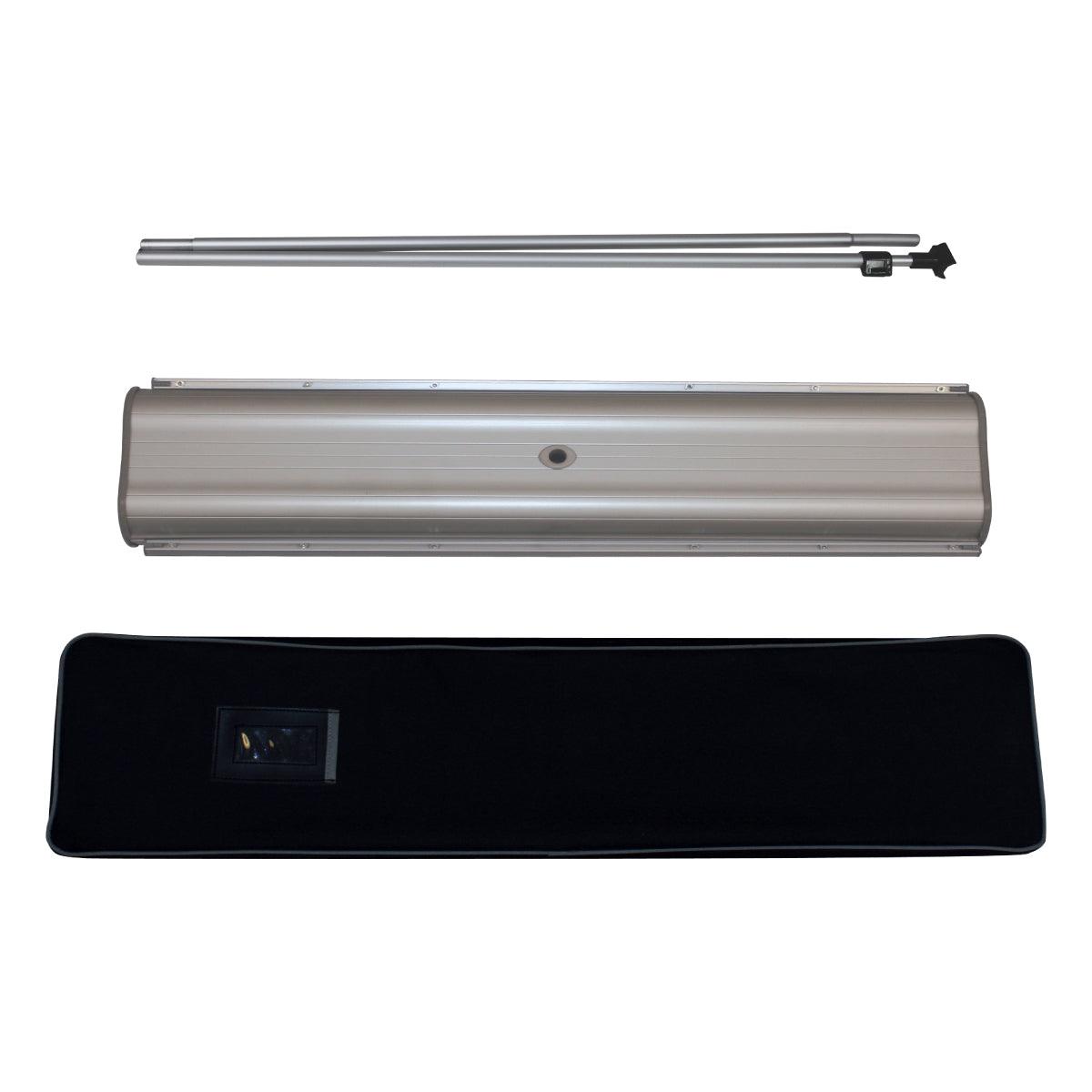 Retractable banner stand components including base, support poles, and carrying case for trade shows and events