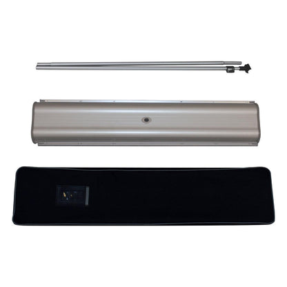 Retractable banner stand components including base, support poles, and carrying case for trade shows and events