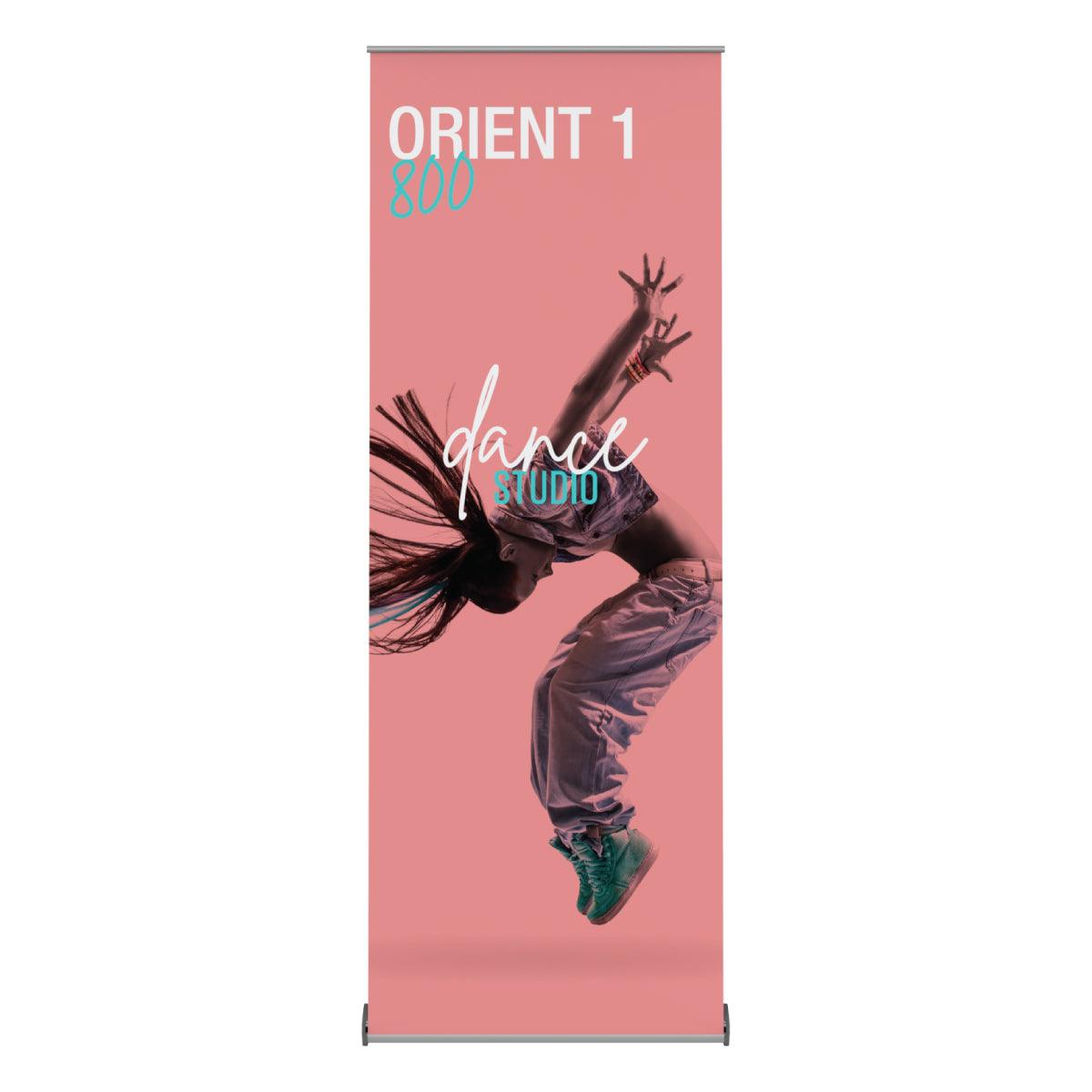 Retractable banner stand with dynamic dance studio advertisement for trade shows and exhibitions