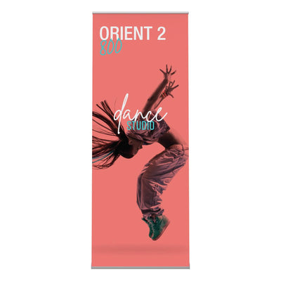 Double-sided trade show banner stand displaying dynamic dance studio advertisement with dancer in motion