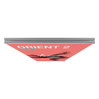 Double-sided banner stand for trade shows and exhibitions with printed graphic panel