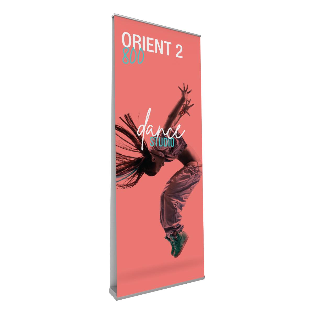 Double-sided banner stand featuring dynamic dance studio promotion for trade shows and events