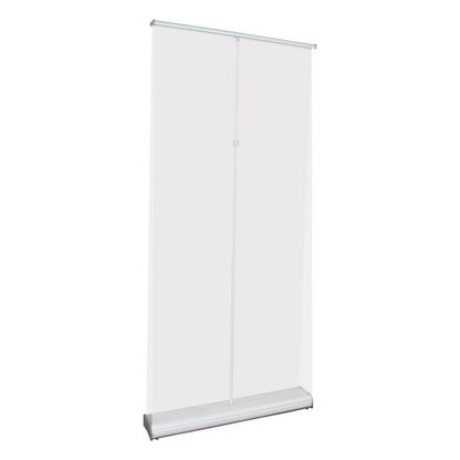 Double-sided retractable banner stand for trade shows and exhibitions with sturdy base and support pole