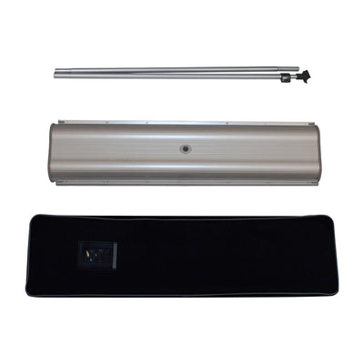 Portable double-sided banner stand kit with base, poles, and carrying case for trade shows