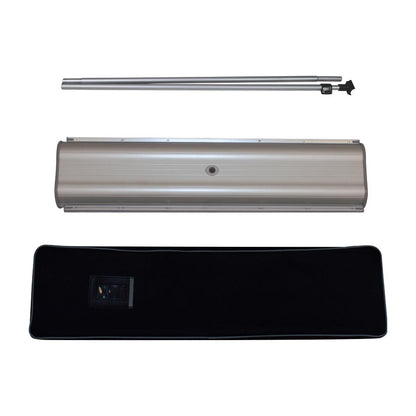 Portable double-sided banner stand kit with base, poles, and carrying case for trade shows