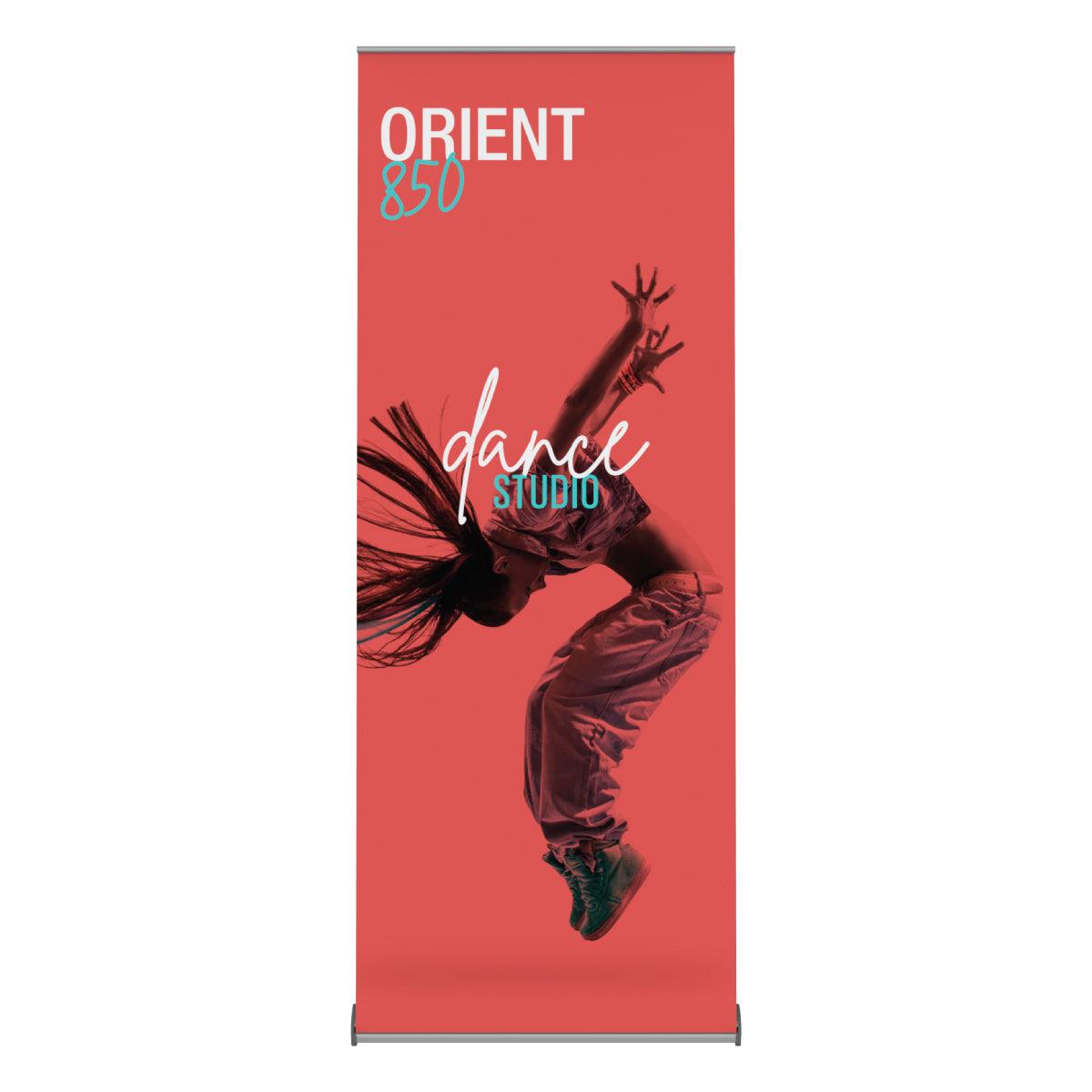 Retractable banner stand displaying dynamic dance studio advertisement for trade shows and exhibitions