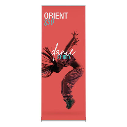 Retractable banner stand displaying dynamic dance studio advertisement for trade shows and exhibitions