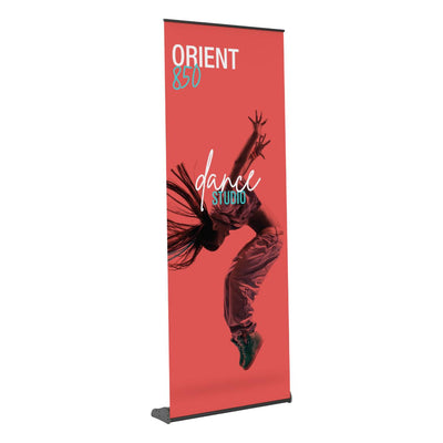 Tall banner stand with dynamic dance studio graphic ideal for trade shows and exhibitions