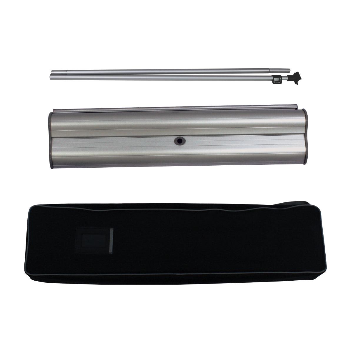 Compact banner stand components including base, pole, and carrying bag for trade shows and exhibitions