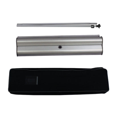 Compact banner stand components including base, pole, and carrying bag for trade shows and exhibitions