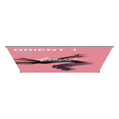 Banner stand display with artistic graphic and branding for trade shows and exhibitions