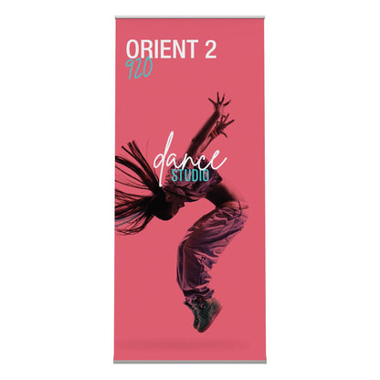 Double-sided banner stand featuring dynamic dance studio promotion for trade shows and exhibitions
