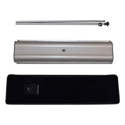 disassembled double-sided banner stand with base, poles, and carrying case for trade shows and exhibitions