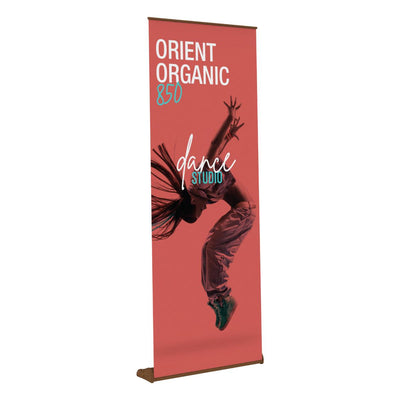 Vertical banner stand with dynamic dance studio advertisement for trade shows and exhibitions