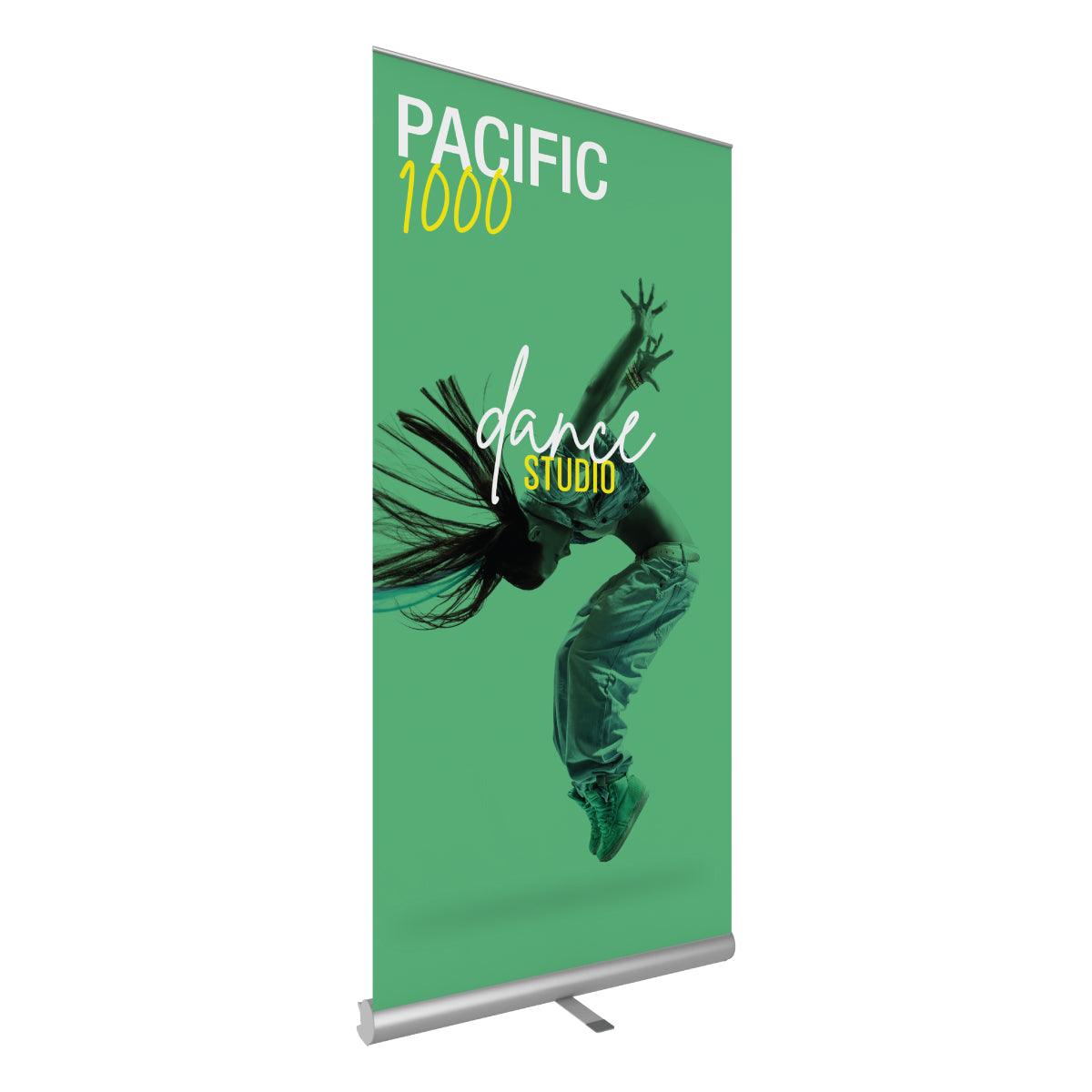Retractable banner stand featuring dynamic dance studio advertisement for trade shows and exhibitions