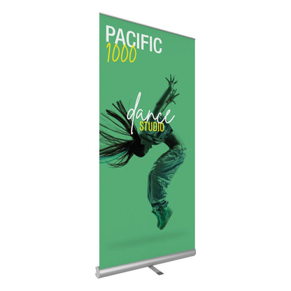 Retractable banner stand featuring dynamic dance studio advertisement for trade shows and exhibitions