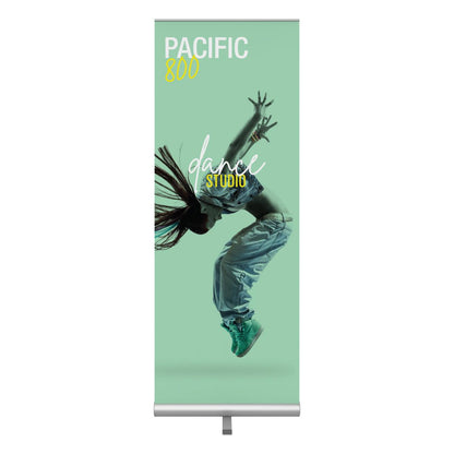 Retractable banner stand with dynamic dance studio advertising for trade shows and exhibitions