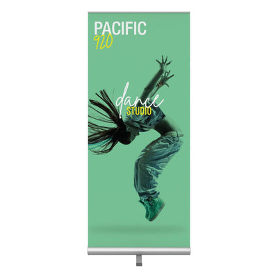 Retractable banner stand featuring a dynamic dancer image, ideal for trade shows and exhibitions