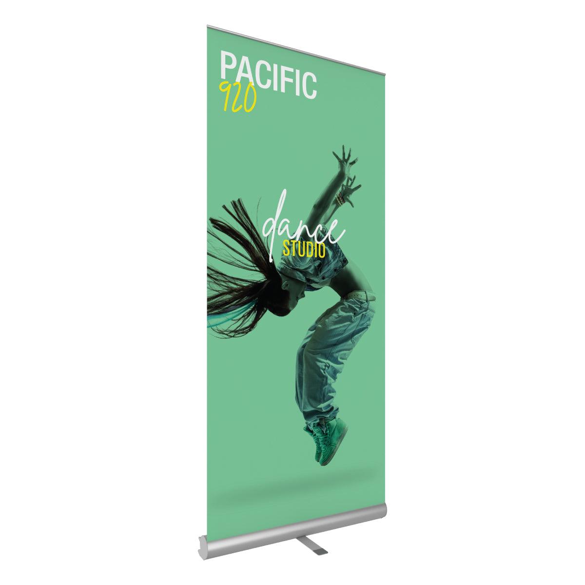 Retractable banner stand with dynamic dance studio advertisement for trade shows and exhibitions