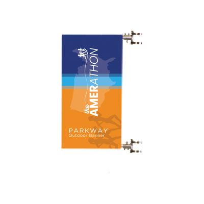 Outdoor banner for trade shows featuring marathon event graphics and Parkway branding