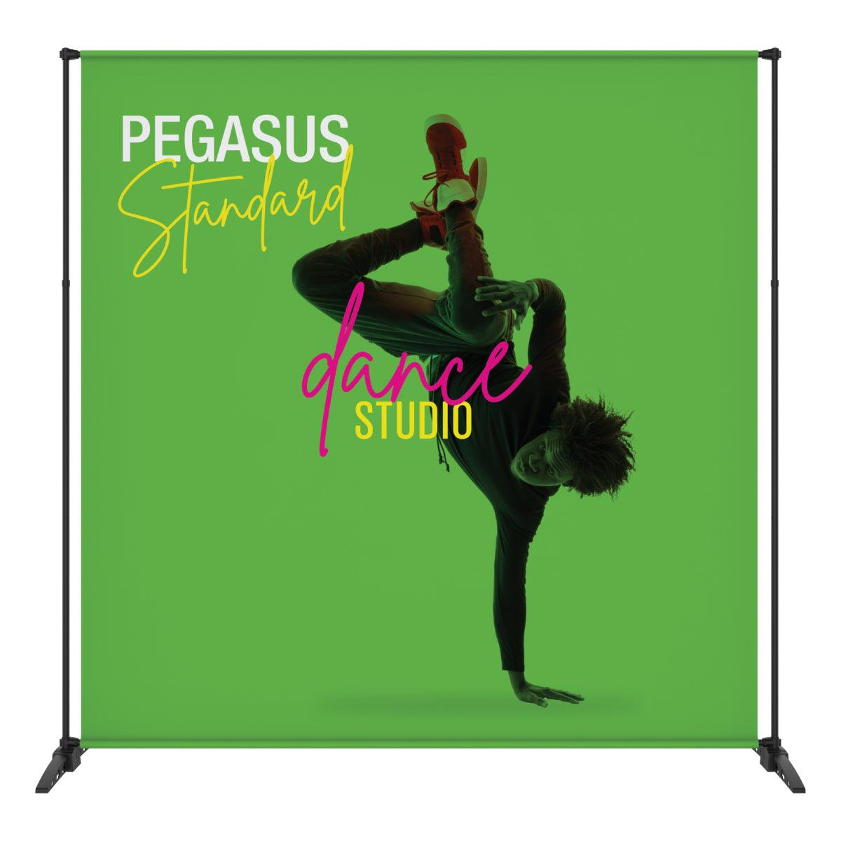 Tradeshow banner stand with graphic of dancer and Pegasus Standard dance studio branding for exhibitions