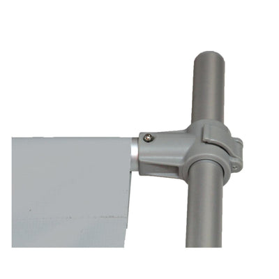 Close-up of banner attachment on metal stand for trade show display and exhibition setup