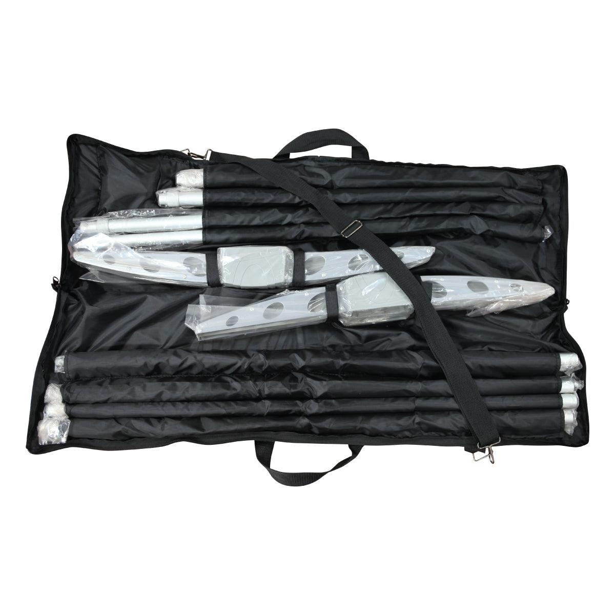 Disassembled trade show banner stand components neatly organized inside a carrying case for easy transport and setup