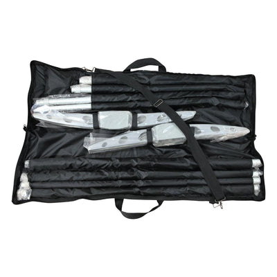 Disassembled trade show banner stand components neatly organized inside a carrying case for easy transport and setup