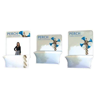 Three tabletop display booths with printed banners for trade shows, exhibitions, and events