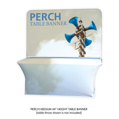 Perch table banner display for trade shows and special events with bold graphic and text